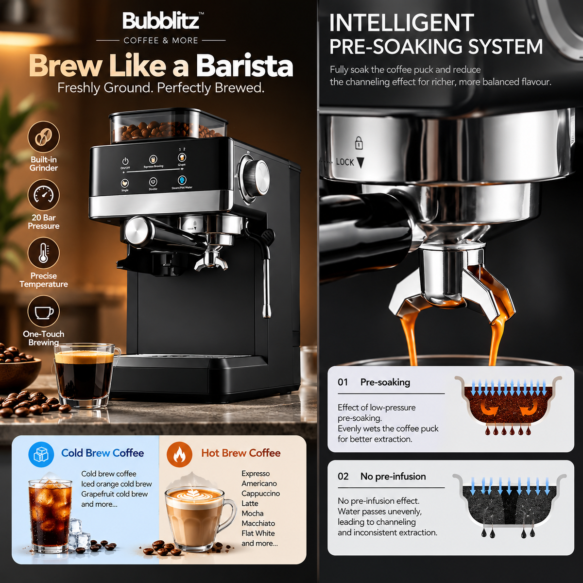 Bubblitz Barista Coffee Machine – Espresso, Grinder and Milk Frother