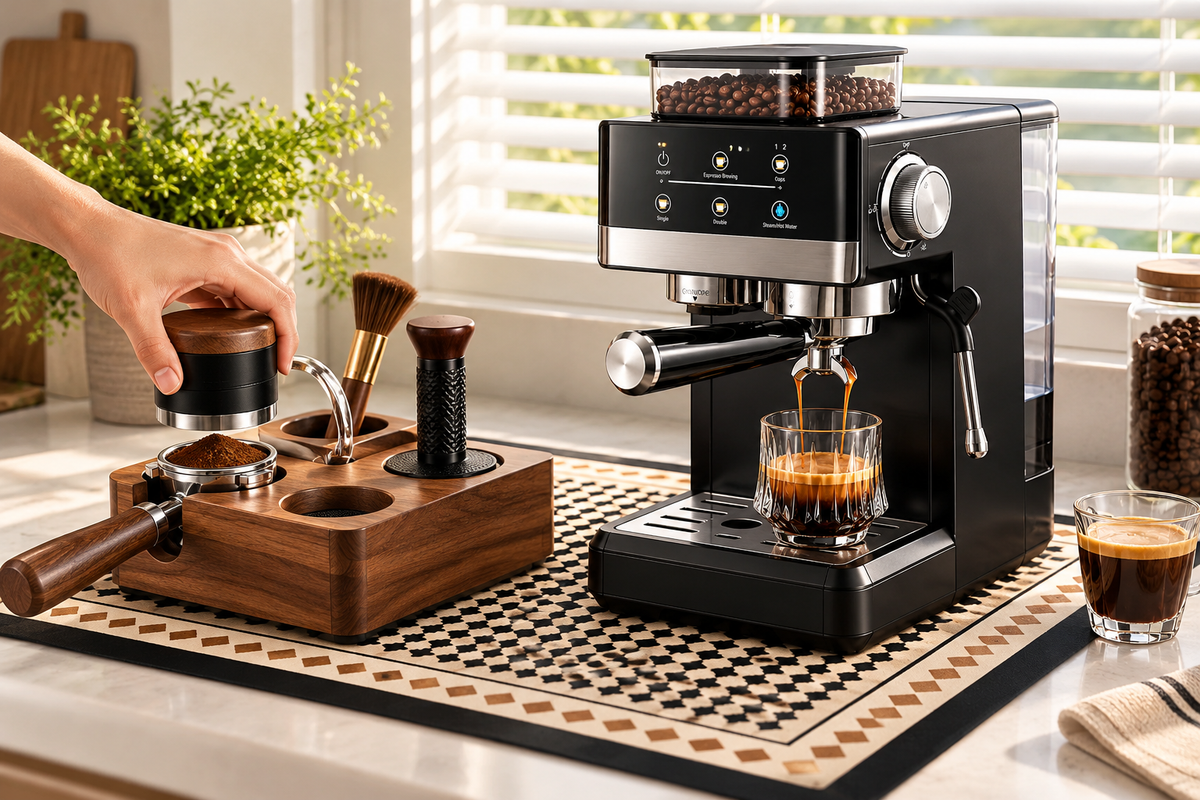 Bubblitz Coffee Machine Mat – Black & Beige Geometric