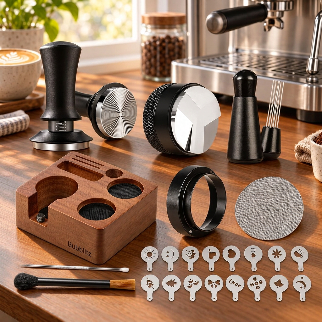 Bubblitz 51mm espresso accessory kit with wooden tamping station and barista tools