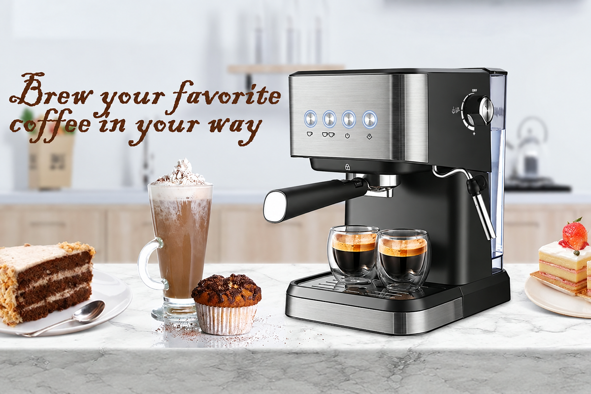 Espresso machine with coffee and desserts
