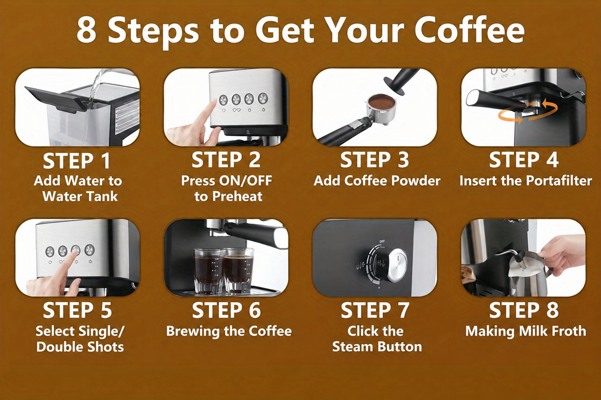 Eight steps for espresso preparation and milk frothing