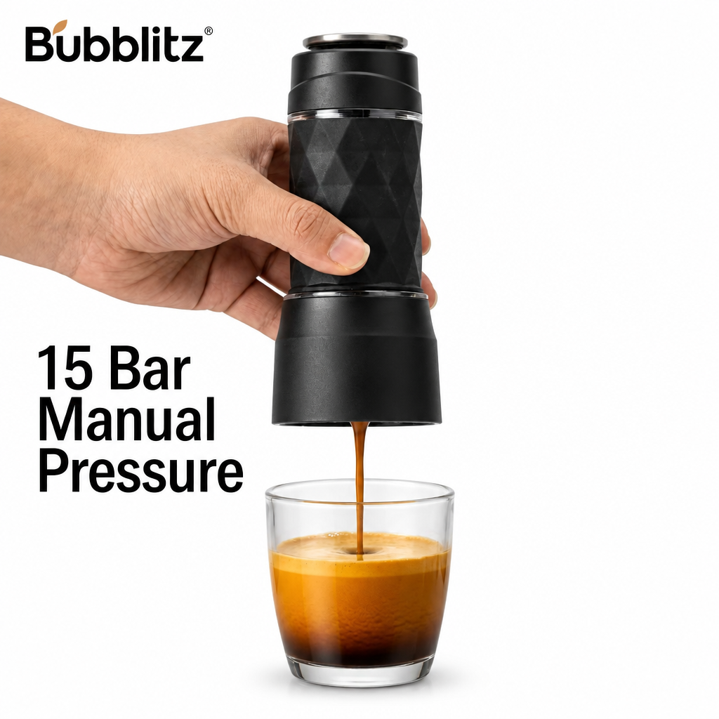 Handheld Bubblitz espresso maker extracting coffee into a glass