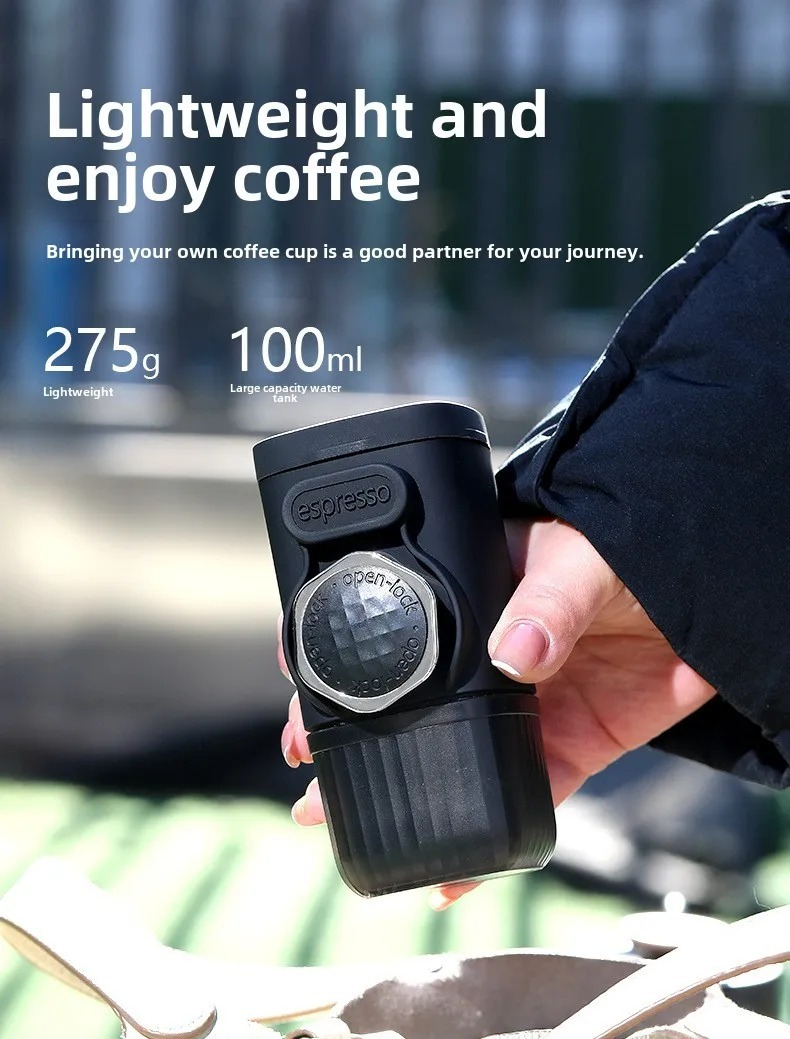 Portable espresso maker showing 275 gram weight and 100 ml tank