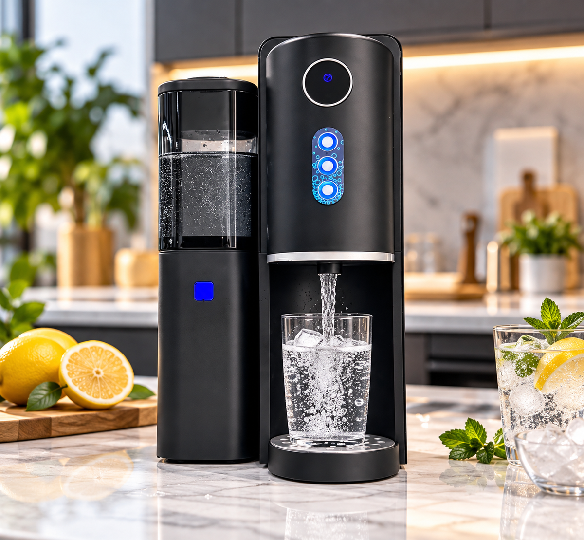 A sleek black smart water dispenser with illuminated blue control buttons stands on a marble kitchen counter, dispensing sparkling water into a glass. Fresh lemons, mint leaves, and another glass of iced lemon water are arranged around it, with a blurred modern kitchen in the background.
