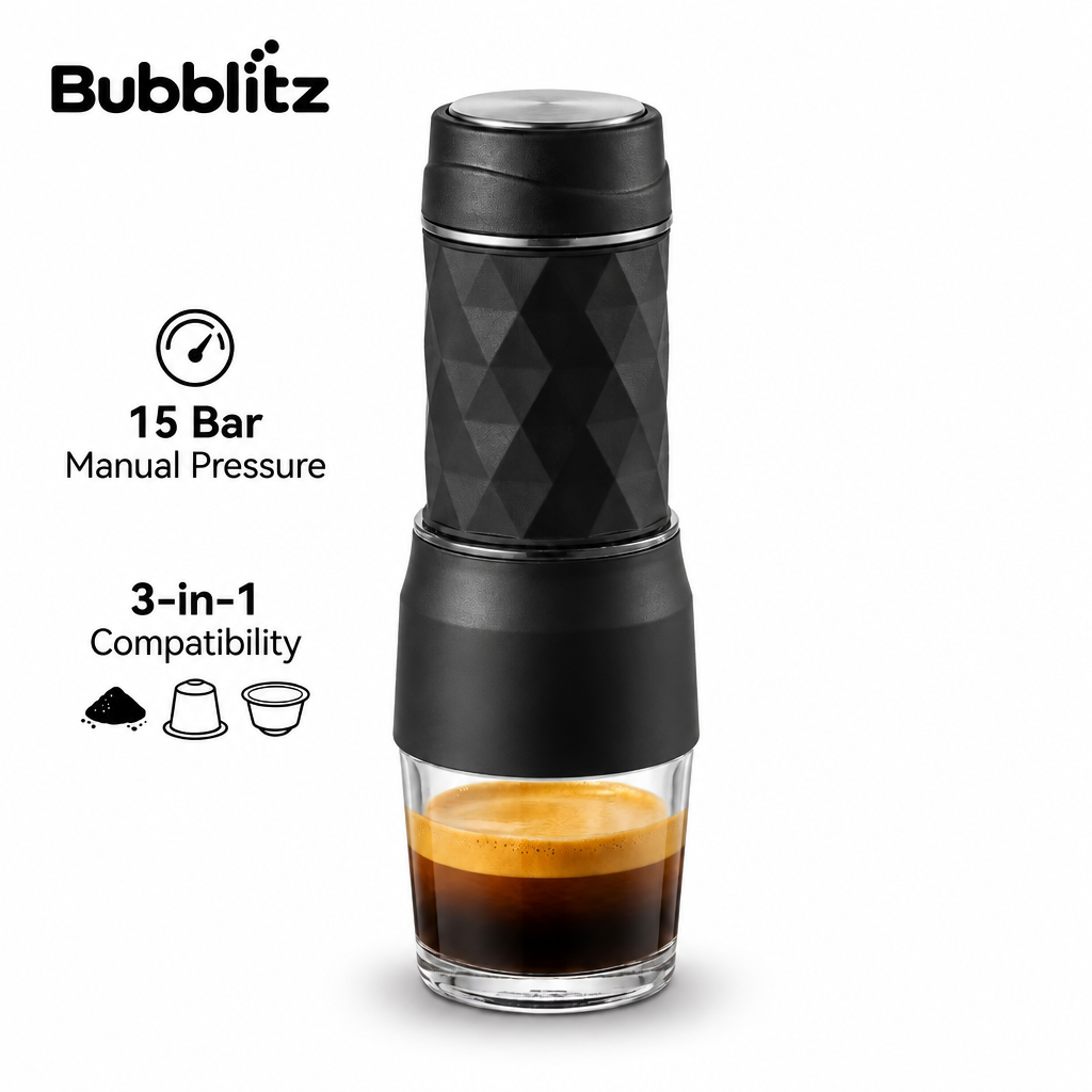 Bubblitz Nomad Press 3-in-1 manual espresso maker with glass coffee cup