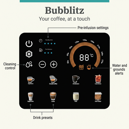 Bubblitz coffee machine touch display and brewing controls