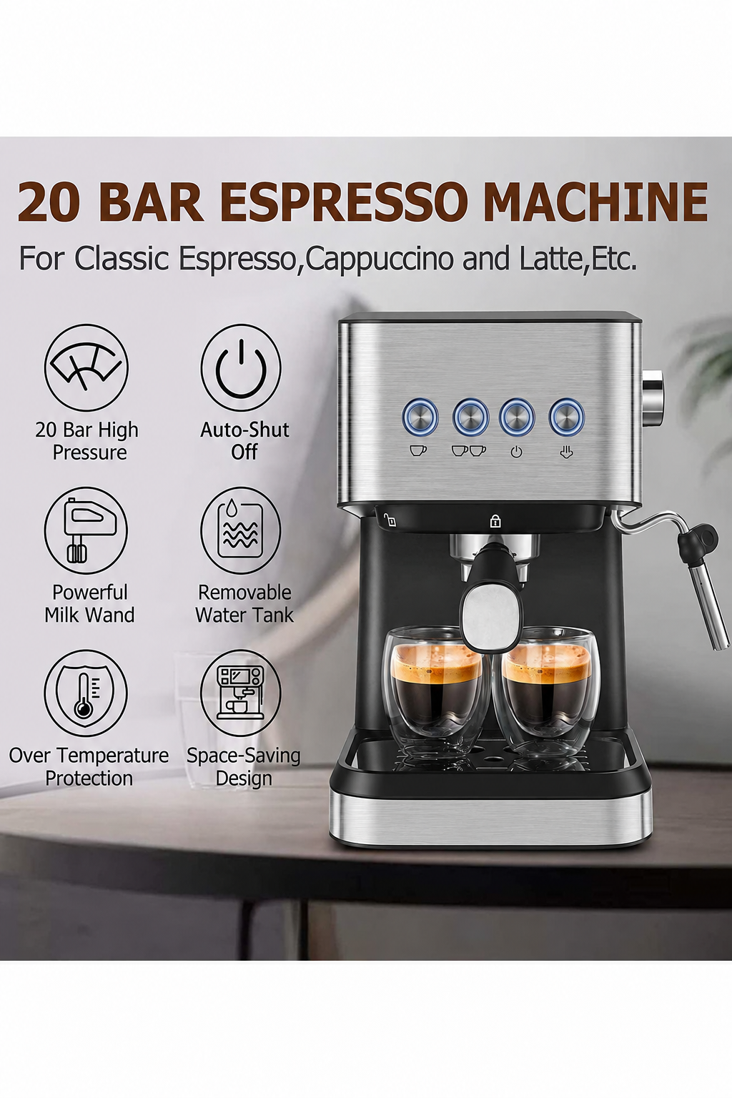 Bubblitz 20-bar espresso machine features and steam wand