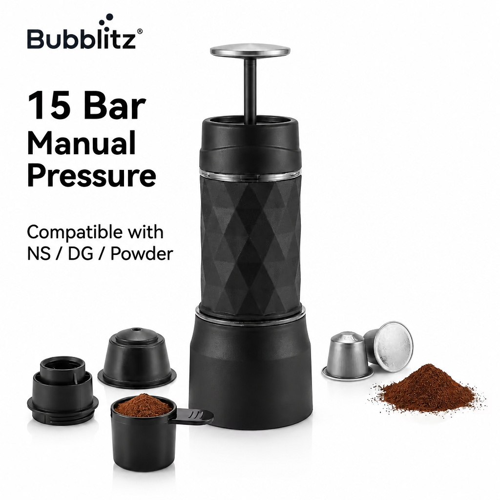Bubblitz manual espresso maker with NS DG and ground coffee adapters