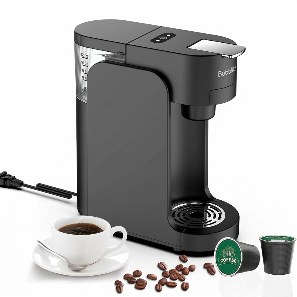 Bubblitz compact black capsule coffee maker with coffee cup