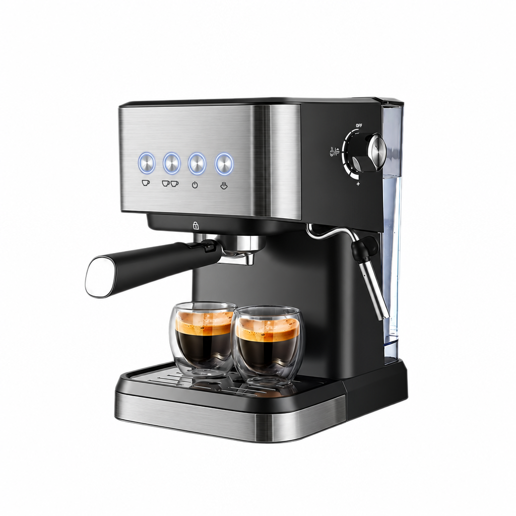 Bubblitz espresso coffee machine with steam wand and two espresso cups on a white background