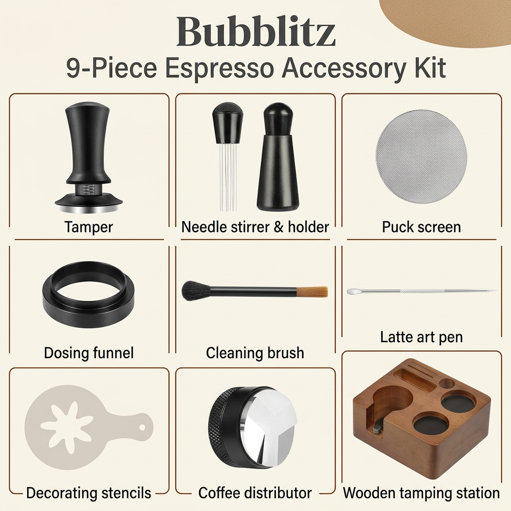 Bubblitz nine-piece espresso accessory kit contents guide