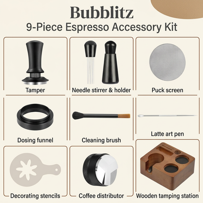 Bubblitz nine-piece espresso accessory kit contents guide