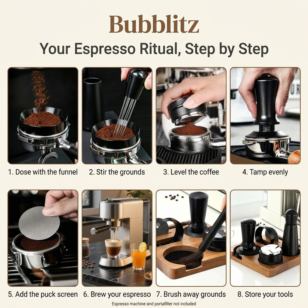 Bubblitz espresso accessory kit eight-step brewing and tool care guide