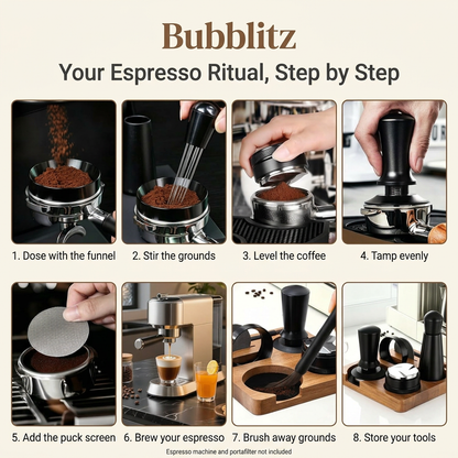 Bubblitz espresso accessory kit eight-step brewing and tool care guide